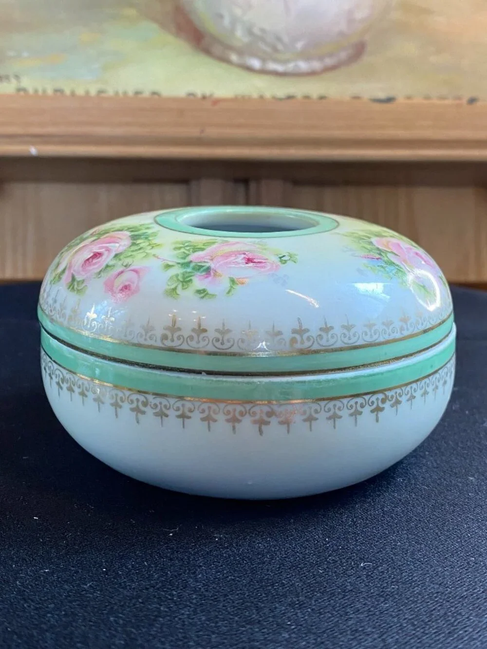 Antique Royal Rundlstadt Porcelain Hair Receiver Green with Roses 1905-1931